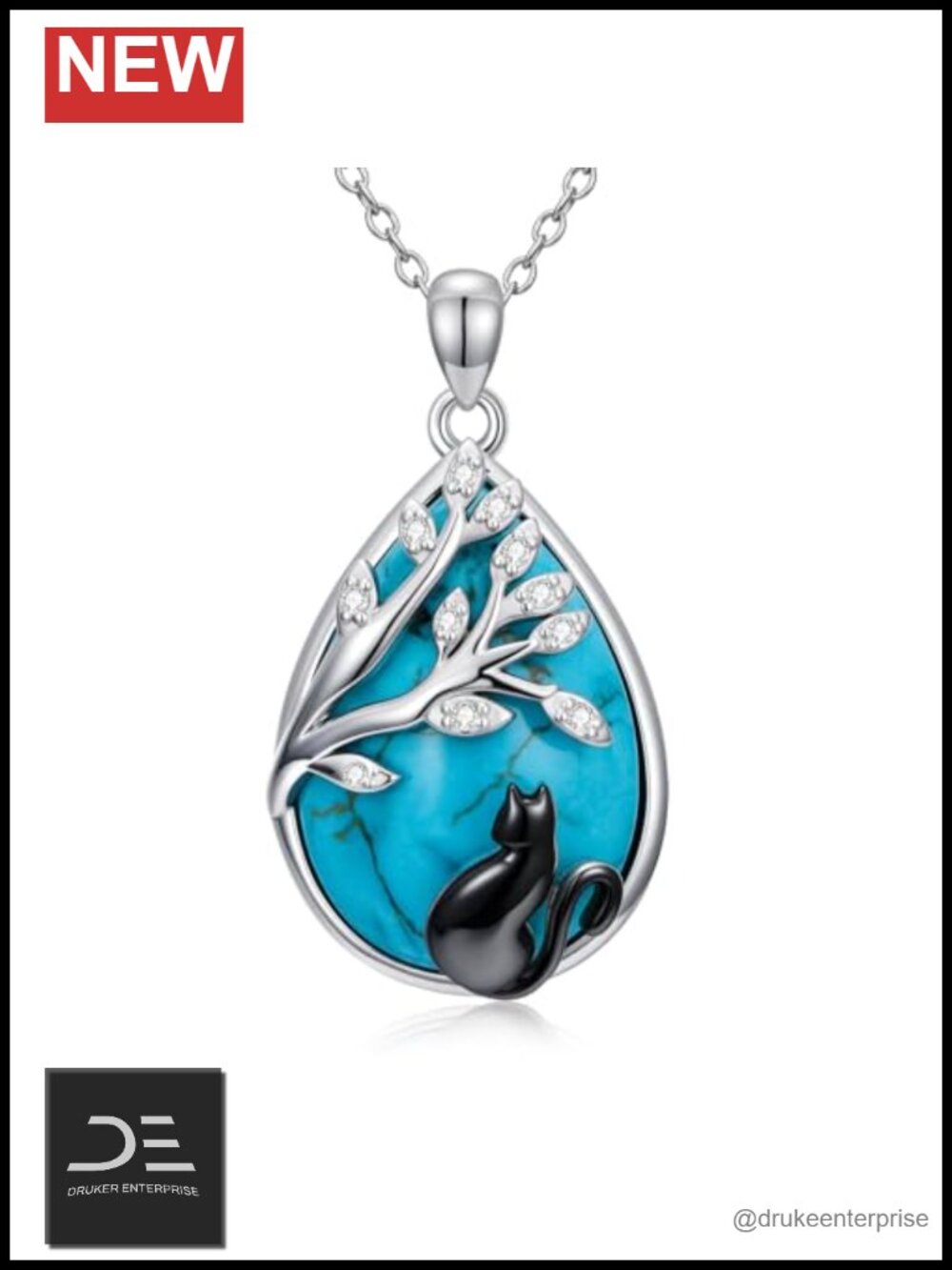 Natural Turquoise Black Cat Necklace Women 925 Sterling Silver Pendant Chain